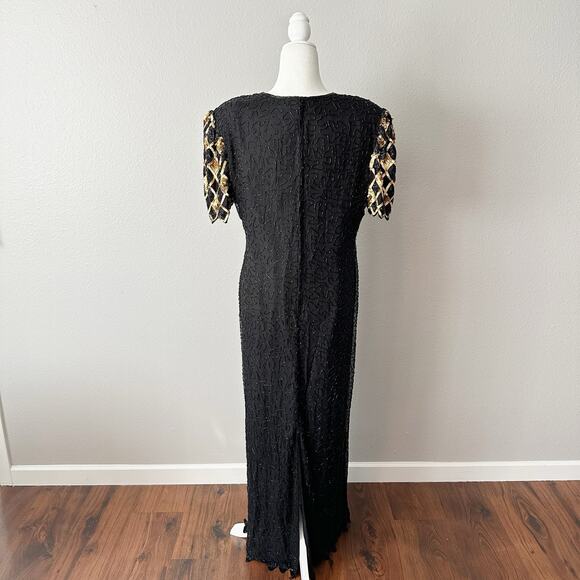 Laurence Kazar Gold Sequin Argyle Black Beaded Silk Evening Gown Women’s Size XL - Picture 5 of 15